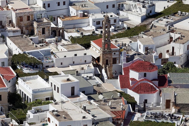 Roofs of the town of Lindos with Panagia Church