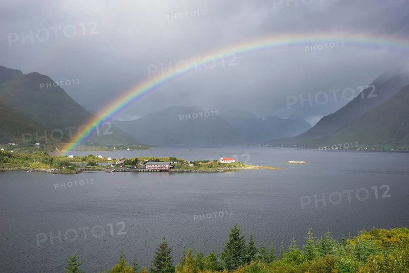 View from a lookout towards Sildpollnes with a rainbow