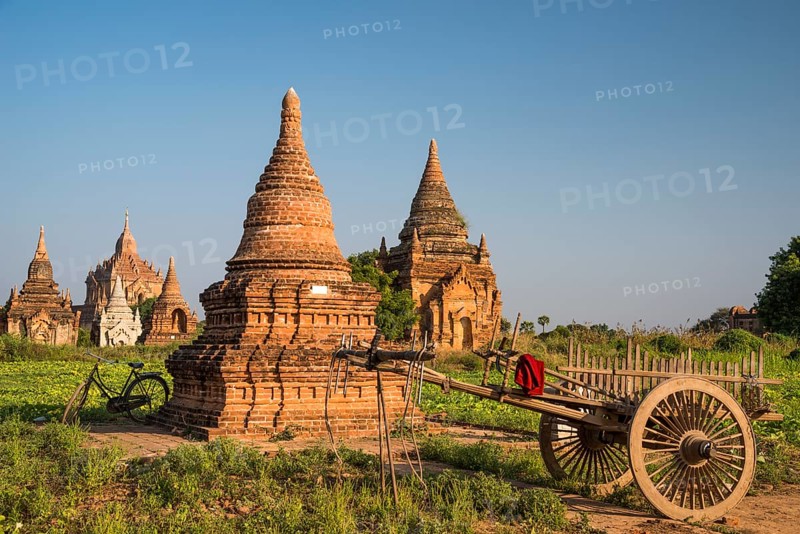 Cart and a bicycle in front of pagoda