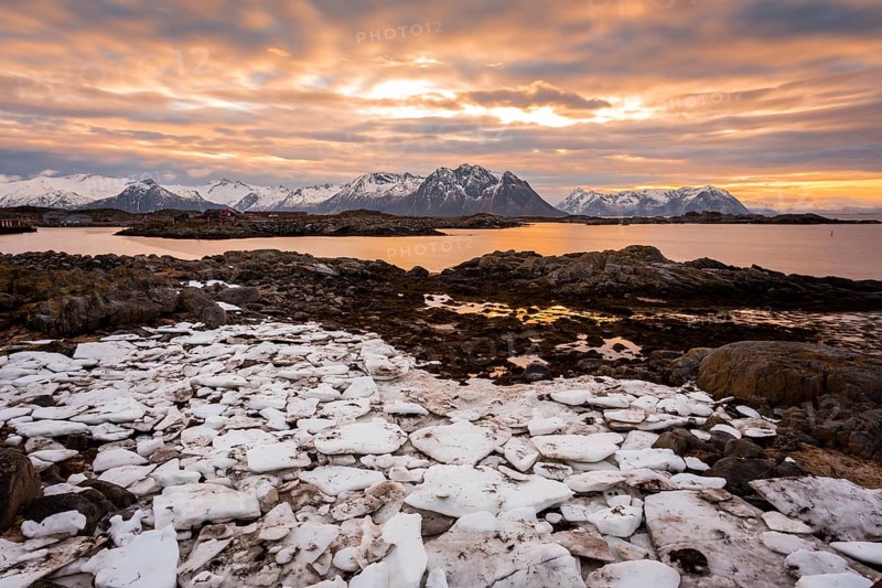 Sunset on the coast of Laukvik in winter