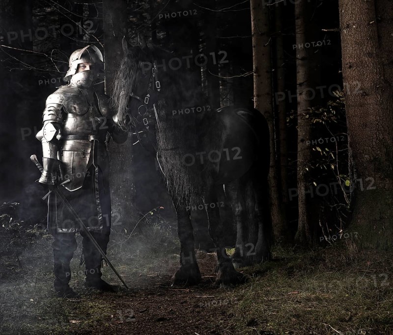 Knight wearing armour standing beside his horse in the woods