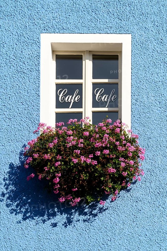 Window labelled 'Cafe' with flowers
