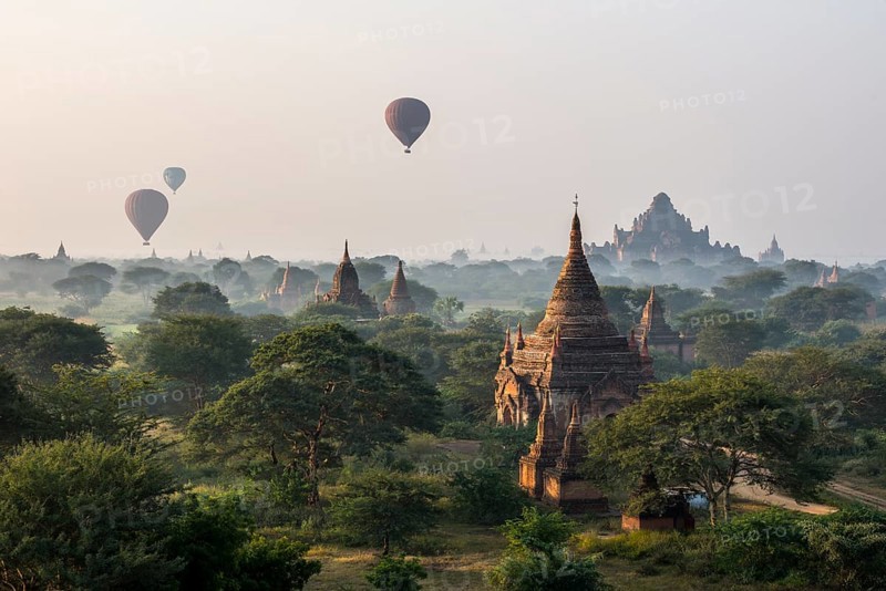 Hot air balloons over the landscape in the early morning fog