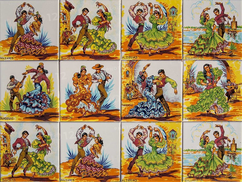 Ceramic tiles with motifs of traditional Andalusian dances fitted in the surface of terrace tables at the Parador of Arcos de la Frontera