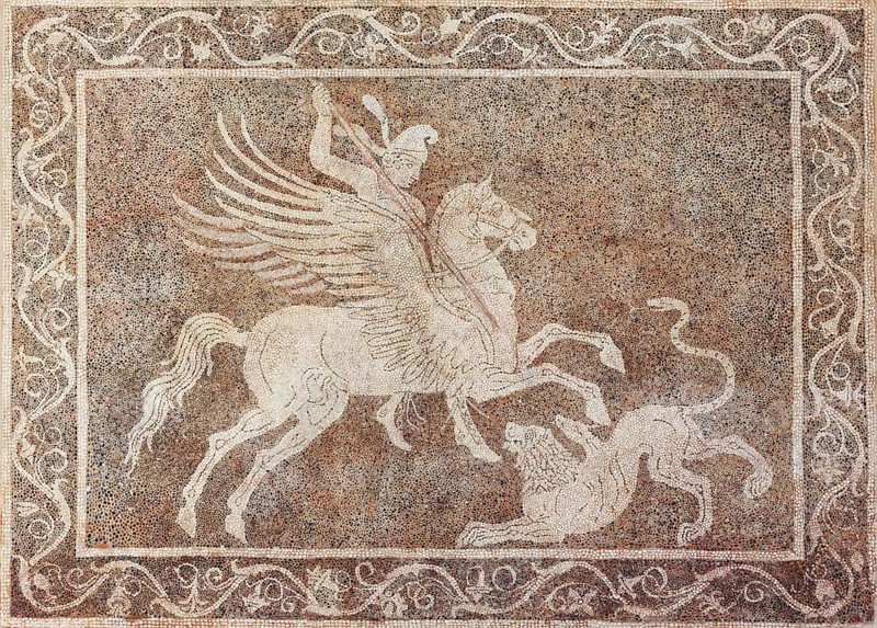 Rider on a winged horse hunting a lion