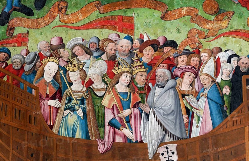 People of all classes of the middle ages gathered on board of a ship
