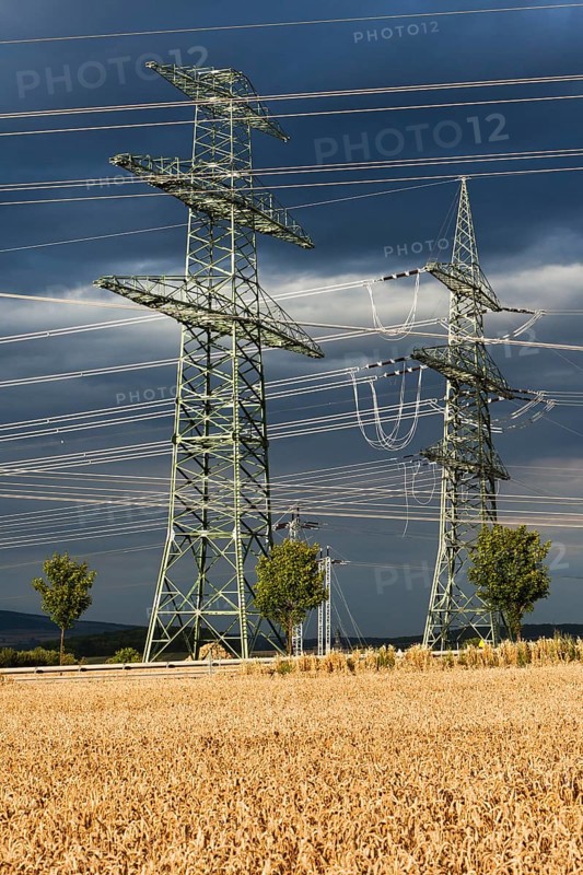 Newly erected high-voltage pylons of the South-West Interconnector of the transmission system operator 50 Hertz