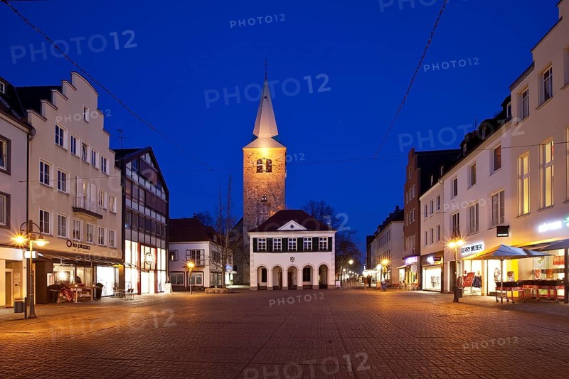 The old town hall and St. Agatha Church at twilight
