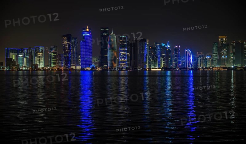 Night scene of the skyline of Doha with Al Bidda Tower