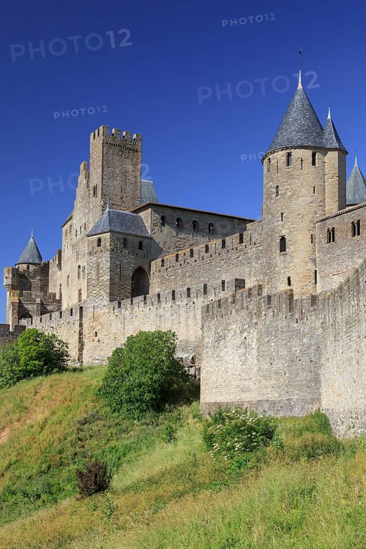 Towers and entrance gate Port d'Aude of the medieval fortress of Carcassonne