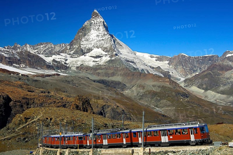 Gornergratbahn railway between Zermatt-Gornergrat in front of the Matterhorn
