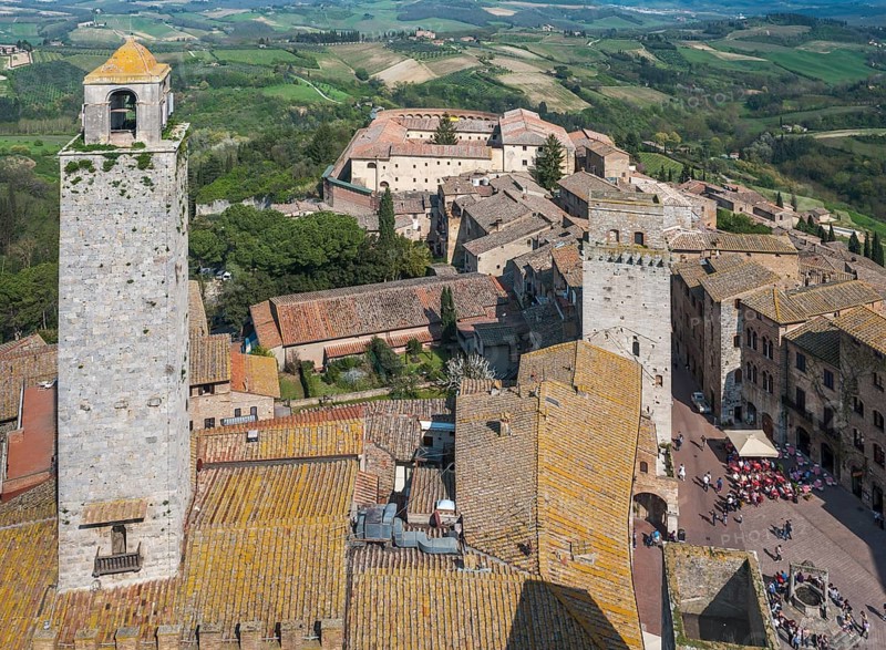 View of the historic centre from the Torre Grossa tower with the Piazza della Cisterna