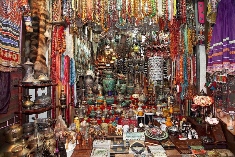 Colourful wares and souvenirs in a shop in the Muttrah Souq market