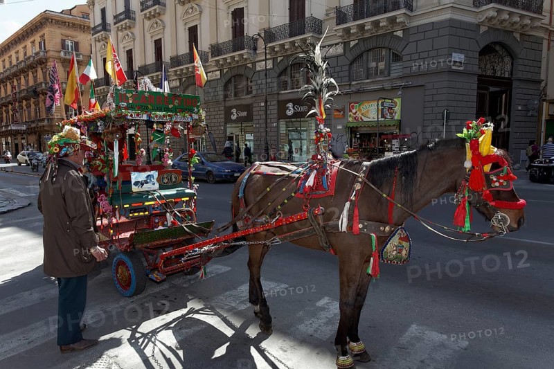 Colourfully decorated Sicilian horse-drawn cart on the Via Roma