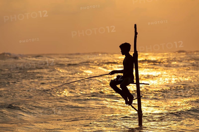Stilt fisherman fishing in shallow water