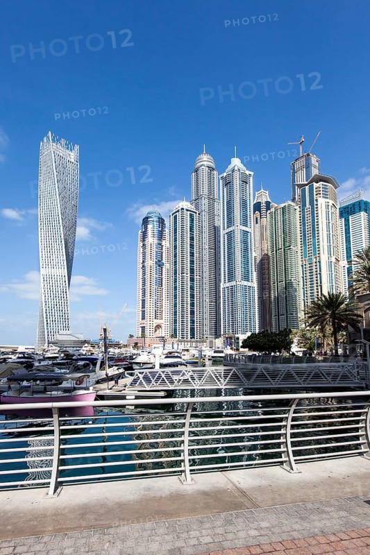 Cayan Tower and skyscrapers with marina