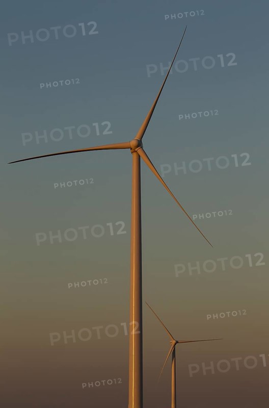 Windmills in the evening light on a wind farm near Sanlucar de Barrameda