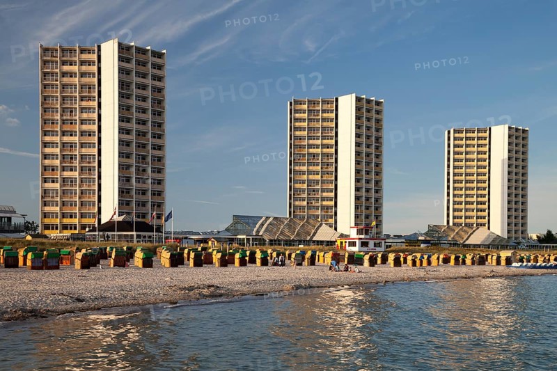 High-rise buildings and wicker beach chairs on the south beach