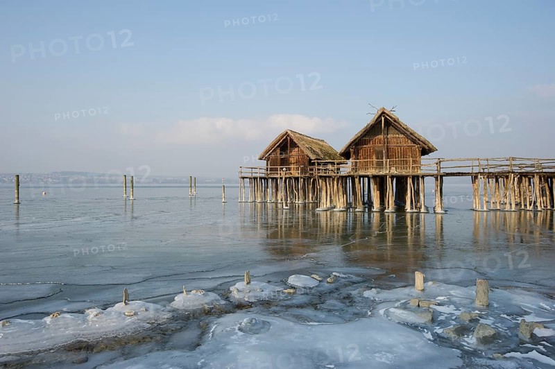 Pfahlbaumuseum Unteruhldingen museum and frozen Lake Constance