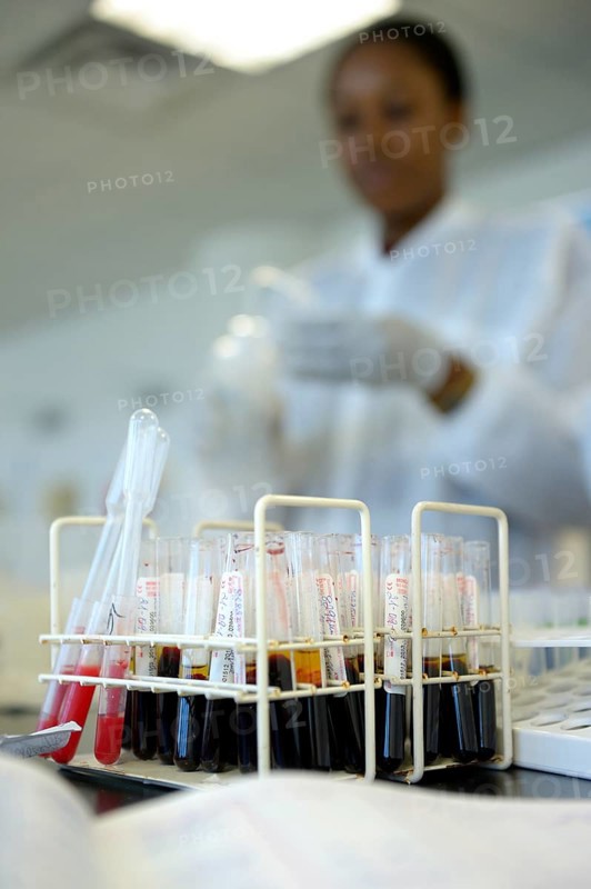 Test tubes with blood samples in the laboratory of the Red Cross blood donation centre