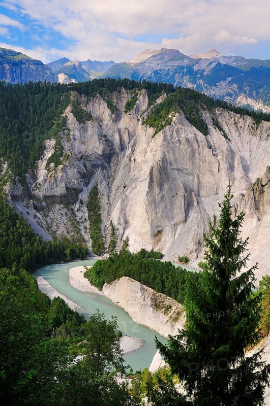 Limestone cliffs at a river bend of the Vorderrhein