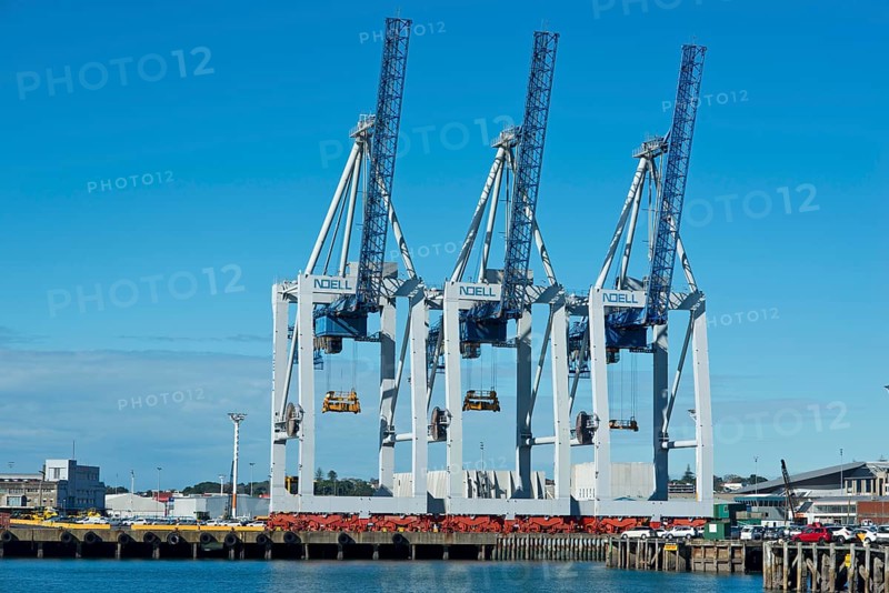 Loading cranes in the port of Auckland seen from the Central Business District