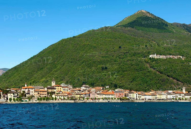 Cannobio on Lake Maggiore with the hamlet of Sant'Agata in a deciduous forest on a mountain slope