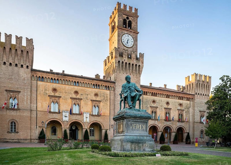 Verdi Monument in front of Rocca Pallavicino with Opera House Teatro Guiseppe Verdi