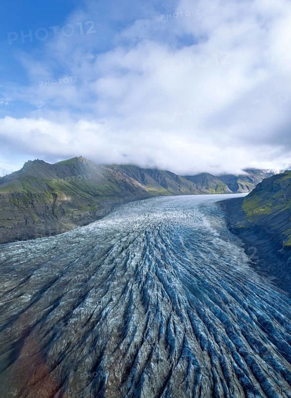 Aerial view of the glacier tongue of Svinafellsjoekull Glacier