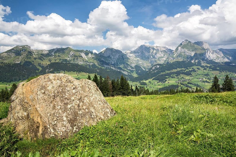 View from Klangweg or Sound Trail on Toggenburg Mountain towards the Alpstein Mountains with Saentis Mountain