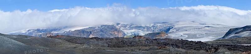 View across new lava fields created by a volcanic eruption in 2010 to the Myrdalsjokull glacier