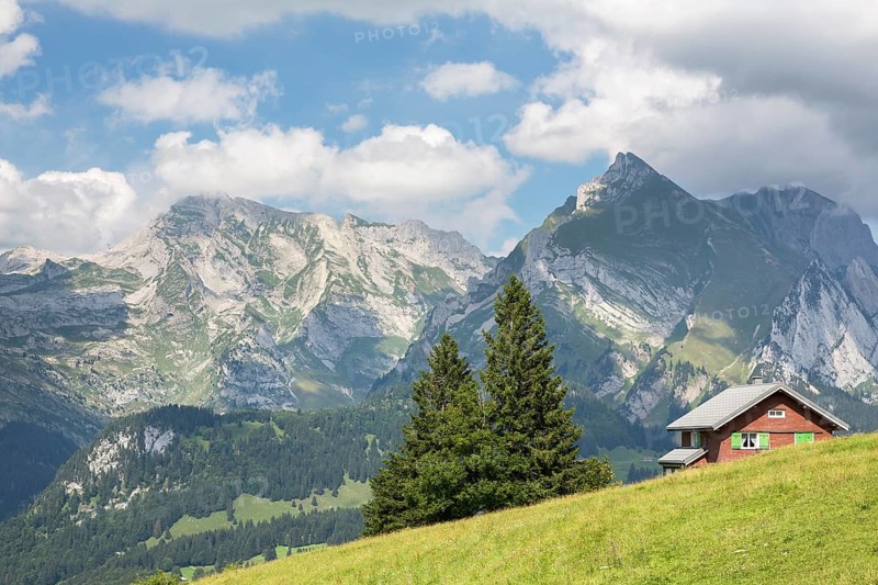 View from Klangweg or Sound Trail on Toggenburg Mountain towards the Alpstein Mountains with Saentis Mountain