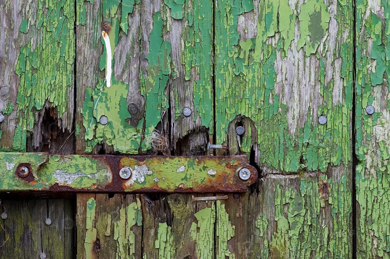 Peeling green paint on wooden boards and a hinge