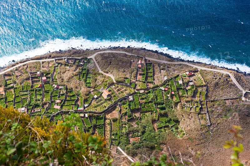 Terraces on the cliff coast of Santa Maria Madalena at the foot of Cabo Girao mountain