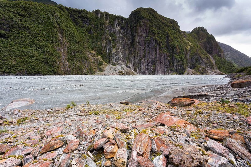Glacial valley with abraded mountain edges of the Fox Glacier
