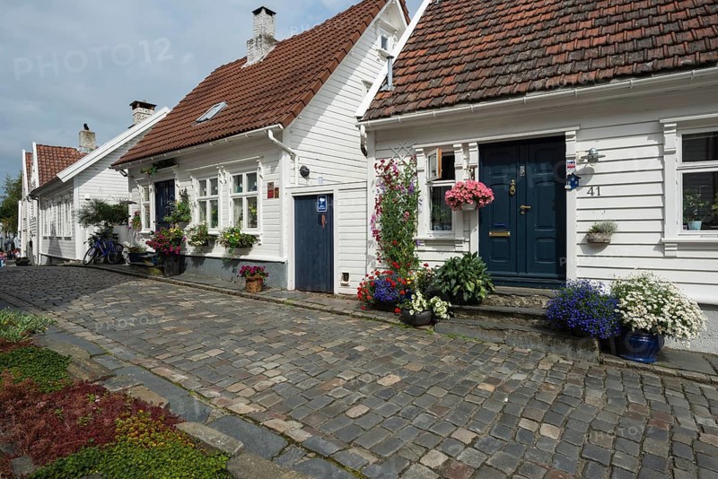 White wooden houses with floral decorations