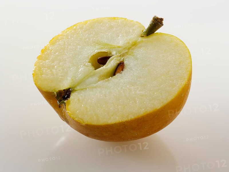 One half of a cut Russet apple