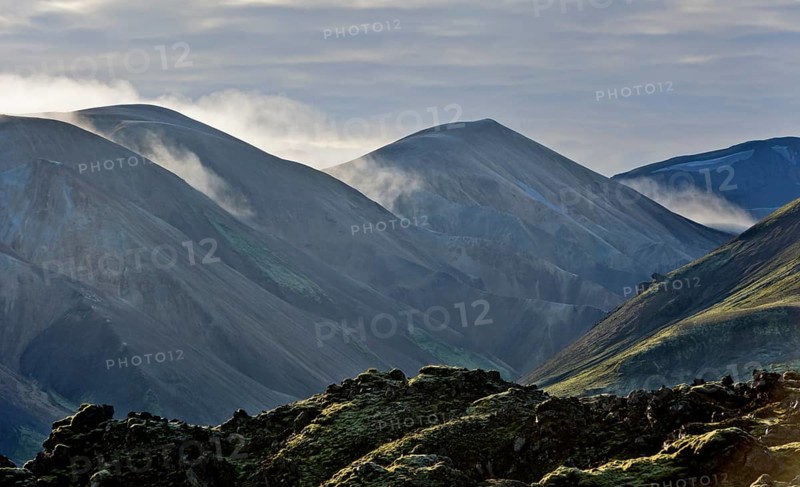 View from Laugahraun lava field towards the mountains of Landmannalaugar