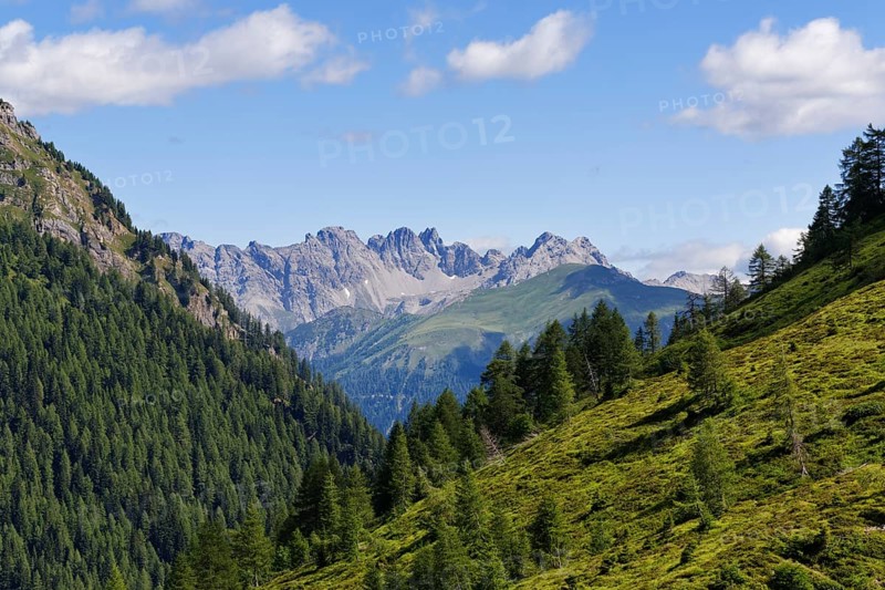 View from Hochweisssteinhaus mountain hut towards the Lienz Dolomites