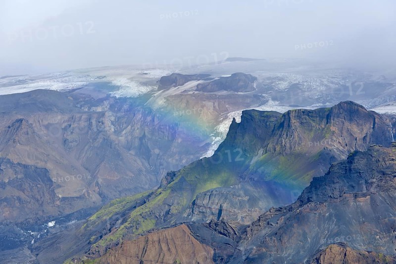 Gorges of Thorsmork below the Myrdalsjokull glacier with a rainbow