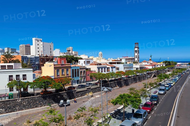 Capital of Santa Cruz de Tenerife with the Barranco de Santos and steeple of the Nuestra Senora de la Concepcion church