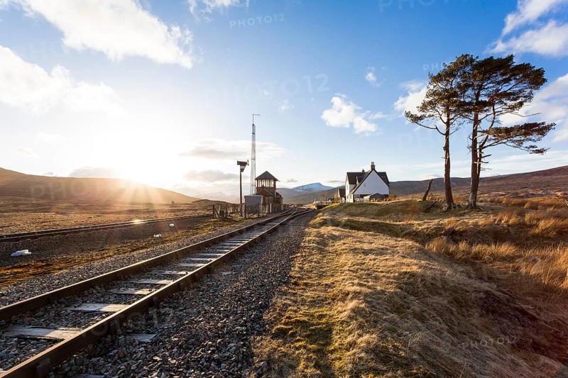 Railway tracks and a railway station in the Scottish Highlands