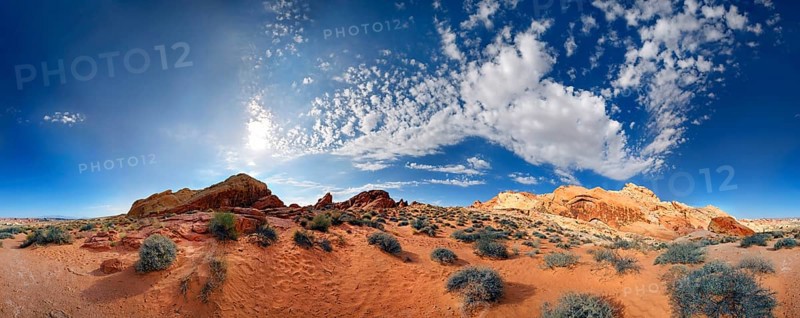 360 panorama of the red sandstone formations at Rainbow Vista sky with cloudy sky