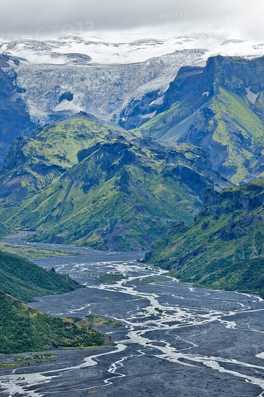 View from Mt Valahnukur to the Thorsmork with the glacial river Krossa
