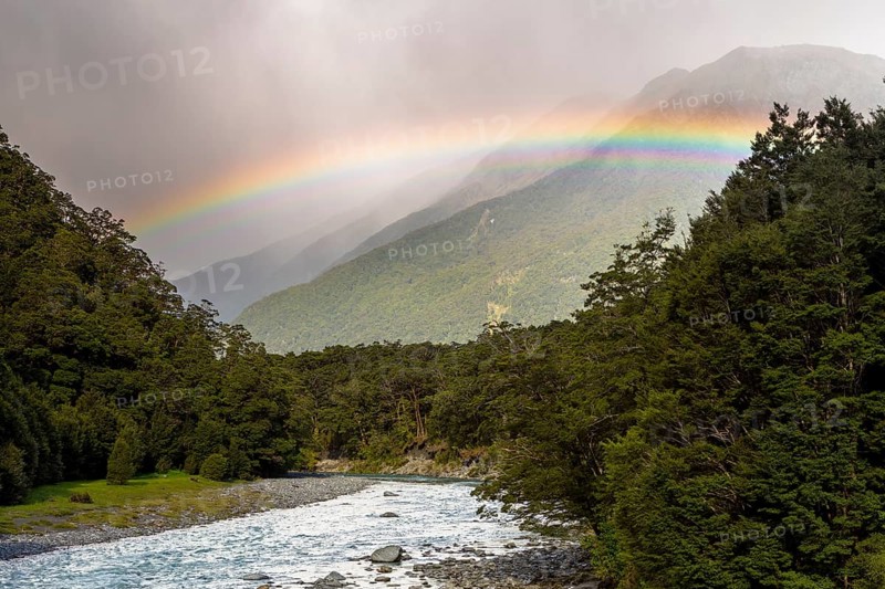 Makarora River with a rainbow