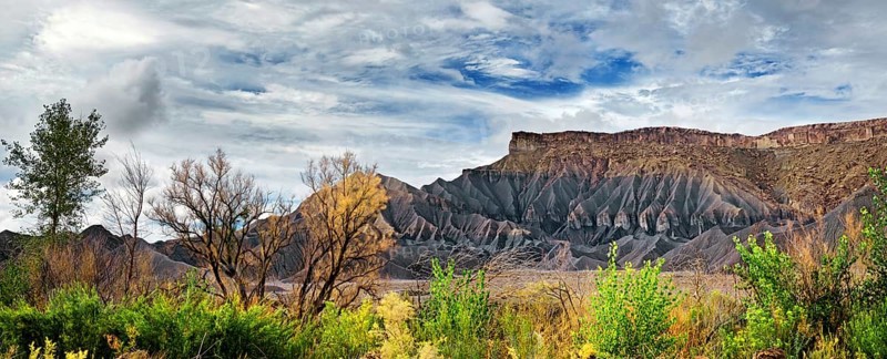 Green fertile valley with the South Caineville Mesa after a thunderstorm