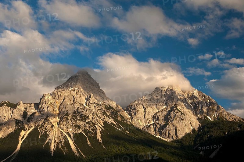 Ehrwalder Sonnenspitze Mountain and Gruenstein Mountain in the evening light