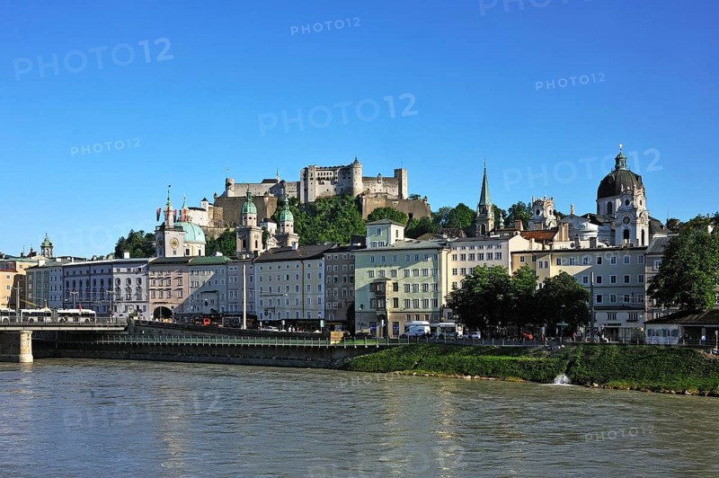 View from Makartsteg towards Hohensalzburg Fortress and the historic town centre with the towers of Salzburg Cathedral