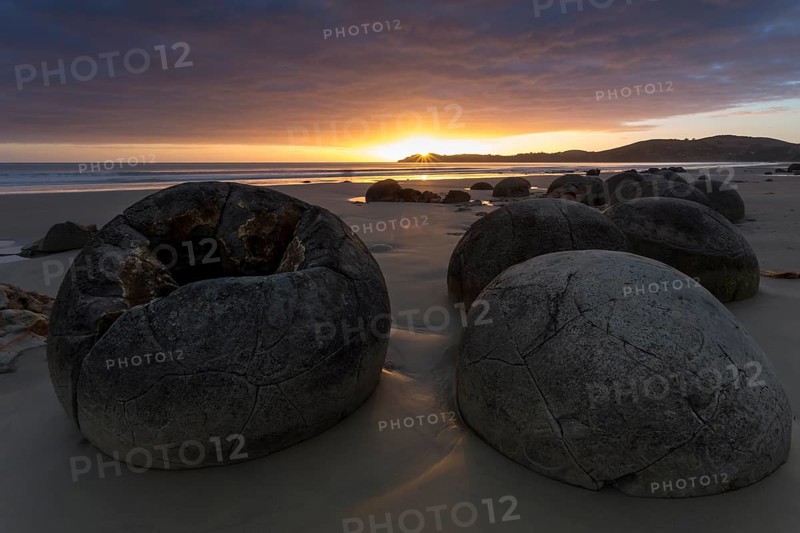 Moeraki Boulders on the beach at sunrise