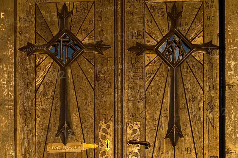 Door of the chapel at the summit of Kellerjoch Mountain